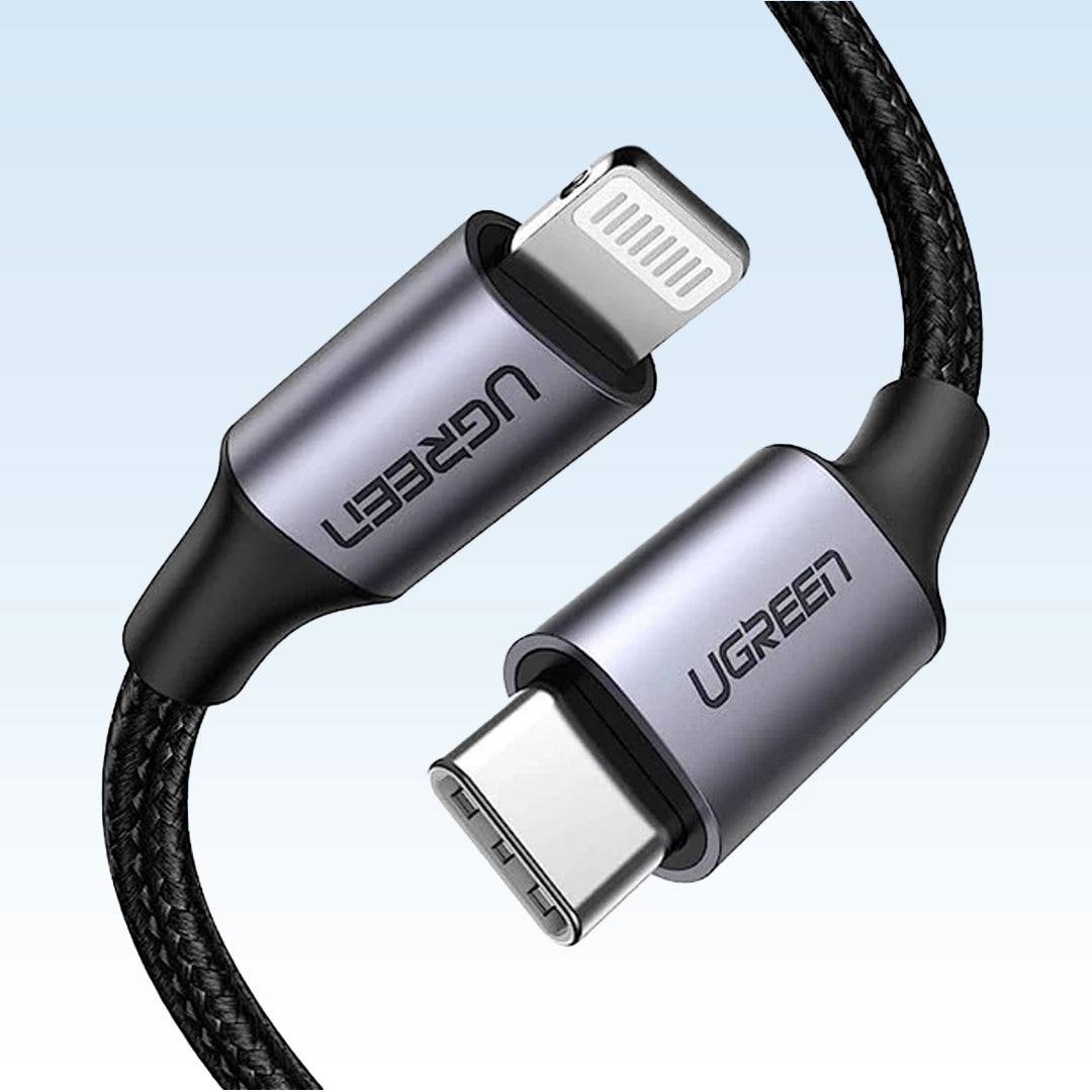 UGREEN Lightning M/F كابل دائري بغطاء من الألومنيوم مع مضفر 10 سم (أسود)